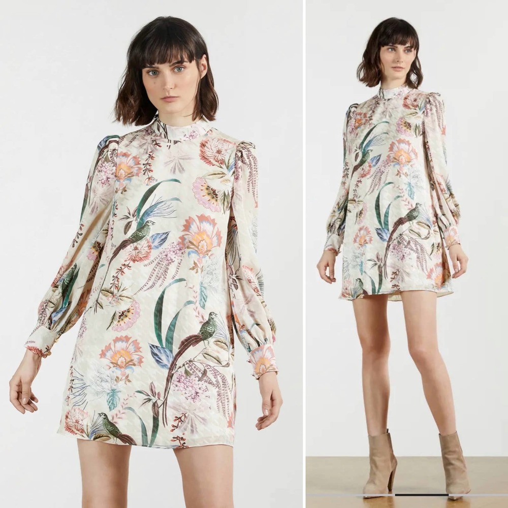 Ted Baker Lillium Decadence Printed Dress Cream Floral Shift Mini Sz 10 (Ted 4)